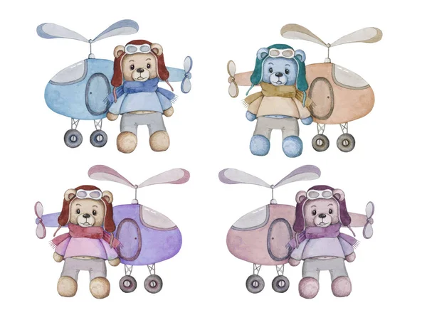 可爱的泰迪熊和直升机 飞机驾驶员 四种颜色的变种 儿童水彩画 — 图库照片