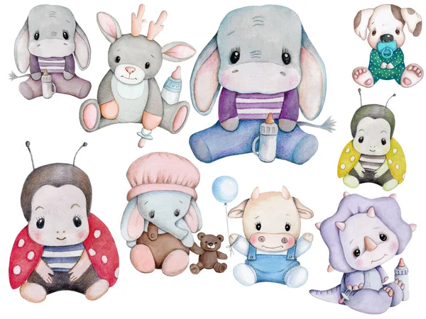 Cute cartoon animal baby set. Watercolor hand painted illustrations, icons.