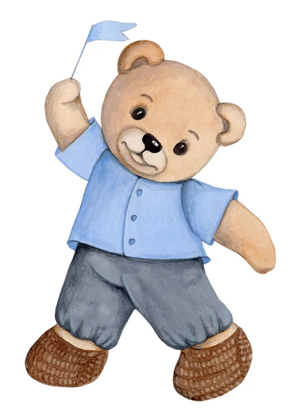 Roztomilý Kreslený Medvídek Modrém Ručně Malovaný Akvarel Ilustrace Pro Děti — Stock fotografie