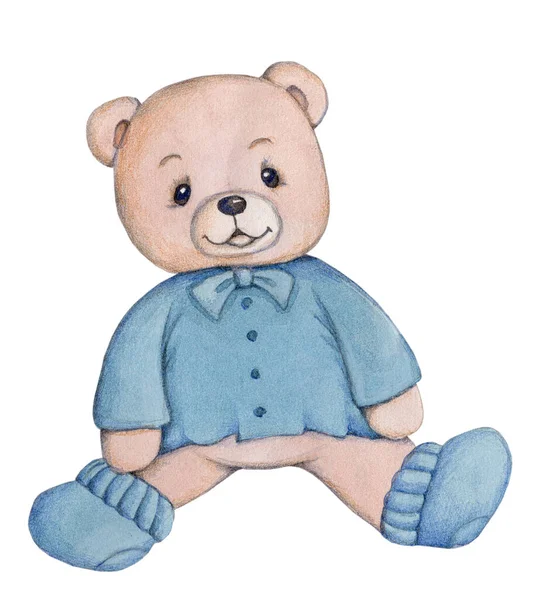 青い服のかわいい漫画テディベア 子供のための手描き水彩イラスト 保育園のデザイン 印刷します おもちゃ動物 — ストック写真