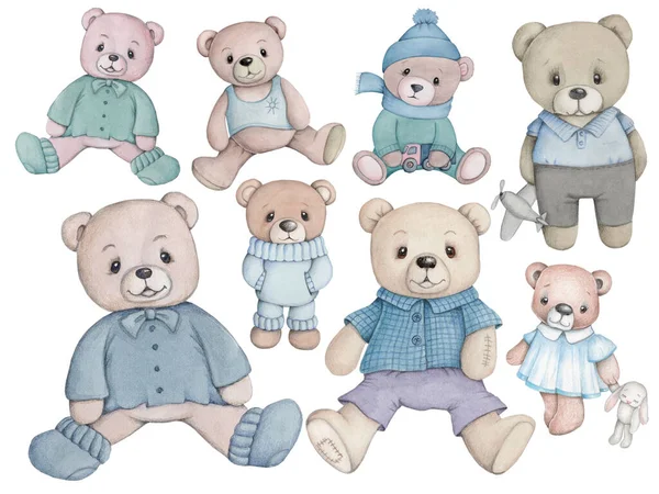 Niedlicher Cartoon Teddybär Blauer Kleidung Handgemalte Aquarell Illustration Für Kinder — Stockfoto