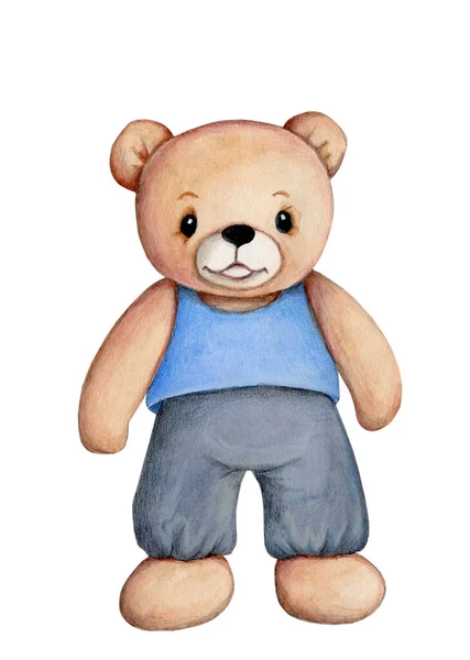 穿着蓝色衣服的可爱的卡通玩具熊 手绘儿童水彩画 幼儿设计 印刷品 玩具动物 — 图库照片