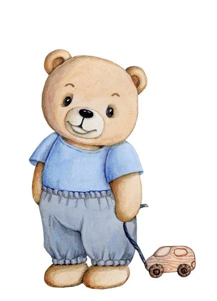 穿着蓝色衣服的可爱的卡通玩具熊 手绘儿童水彩画 幼儿设计 印刷品 玩具动物 — 图库照片