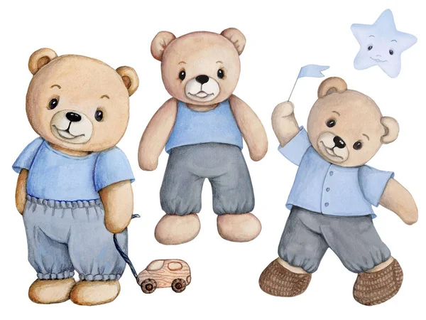 Roztomilé Kreslené Medvídky Modrém Ručně Malovaný Akvarel Ilustrace Pro Děti — Stock fotografie