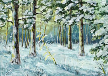 Kış manzarası, yağlı boya resim, poster. El çizimi. 