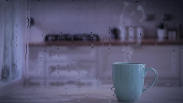 Steaming Mug Hot Tea Coffee Standing Front Window Raindrops Glass — Stockvideo