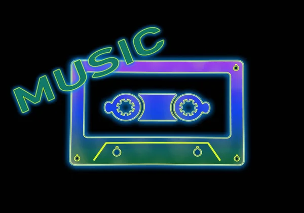 Gloeiende Neon Lichten Retro Cassette Tape Met Muziek Tekst Zwarte — Stockfoto
