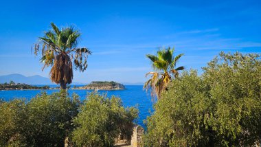 Palmiye ağaçları arasından Kusadasi Ylanc Burnu Adası manzarası