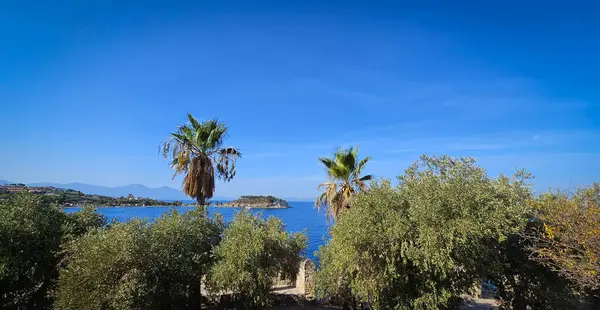 Palmiye ağaçları arasından Kusadasi Ylanc Burnu Adası manzarası