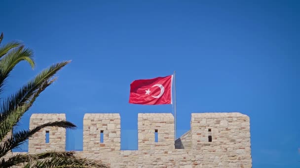 Bandeira Turca Acenando Sobre Castelo — Vídeo de Stock