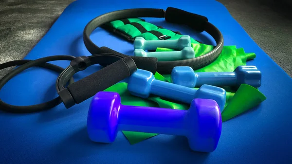 Fitness ekipmanları, dambıllar, direnç bandı, bacak ağırlığı, yüzük