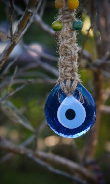 Kültürel nazar boncuğu ağaçta asılı.