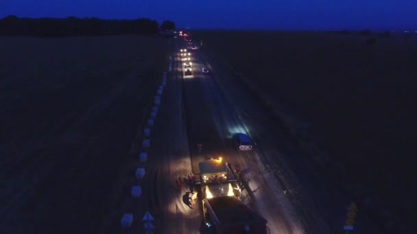 Night Shift Work Hours Night Traffic Asphalt Paver Roller Truck — Video