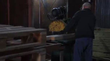 Production line of the wooden floor factory. CNC automatic woodworking machine. Industrial . Woodworking machine. High quality FullHD footage