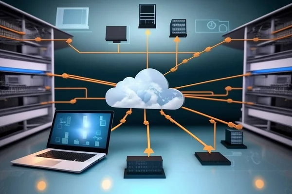 Devices connected to storage in the data center , tablet, phone home devices with an online . Cloud technology, computing.