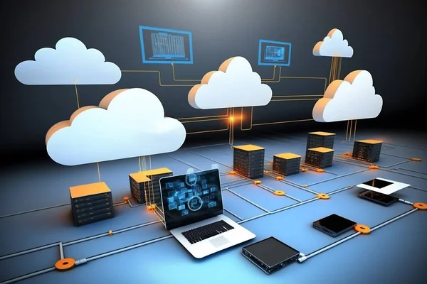 Devices connected to storage in the data center , tablet, phone home devices with an online . Cloud technology, computing.