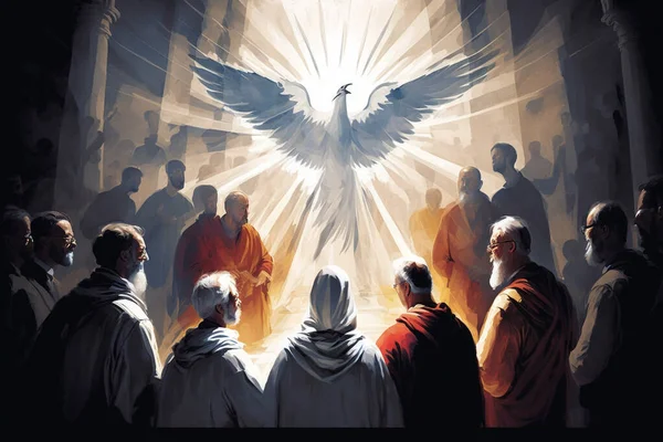 Holy Spirit symbol - a white dove, with halo of light rays flaming rays of fire symbolizing gifts of the Holy Spirit. Sacrament of Confirmation or Pentecost abstract artistic.