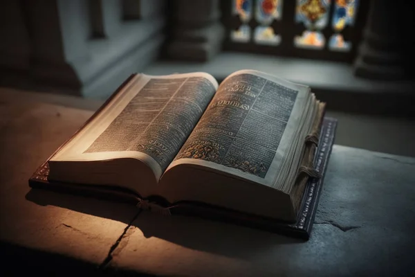 holy bible. An open book is reflected in table. Book as a symbol of bible. Concept - reading christian literature. praying. Religion . Jesus Christ, Son of God. old holy scripture.