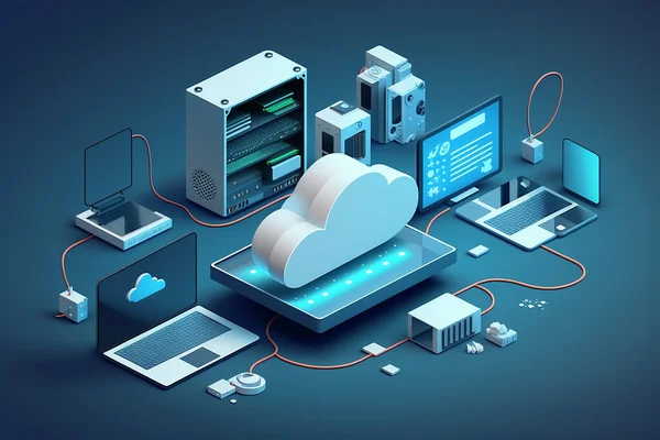 Devices connected to storage in the data center , tablet, phone home devices with an online . Cloud technology, computing. Generative AI