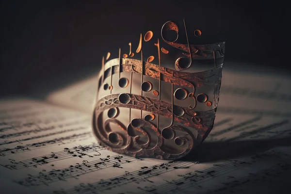 The concept of an eternal theme about the eternity of music. Musical instruments, good mood, ascended aspiration, action, treble clef, sheet music. High quality 3d illustration