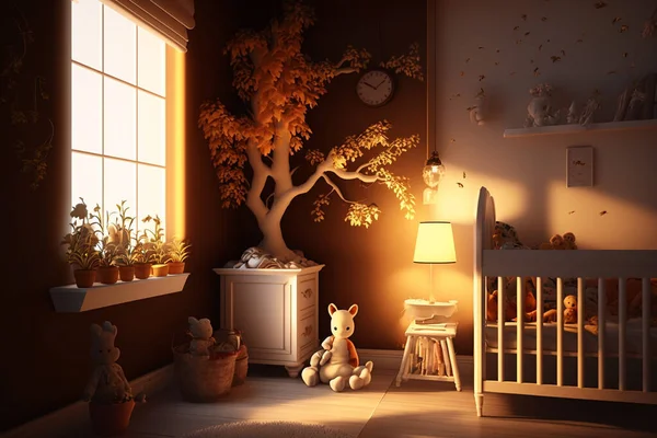 Cozy and modern beautiful room for little kids and teenagers living. Children\'s room, modern design, creative layout, toys and study attributes. Cribs, bright window. child, baby. Interior.
