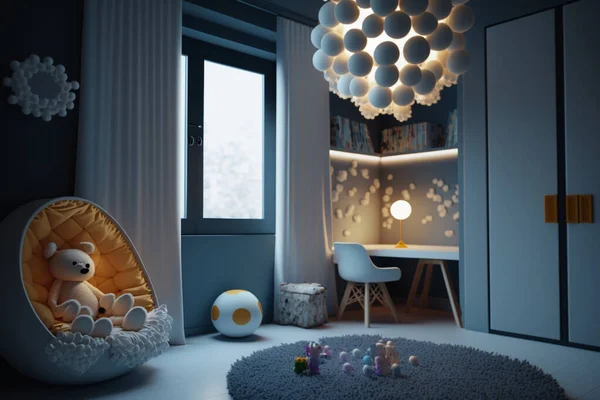 Cozy and modern beautiful room for little kids and teenagers living. Children's room, modern design, creative layout, toys and study attributes. Cribs, bright window. child, baby. Interior.