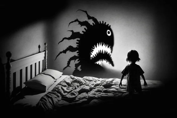 Children\'s sleep problem. Sleep fears. nightmares, scary dreams, children\'s room, gloomy dark atmosphere, children\'s bed, monsters over the bed,