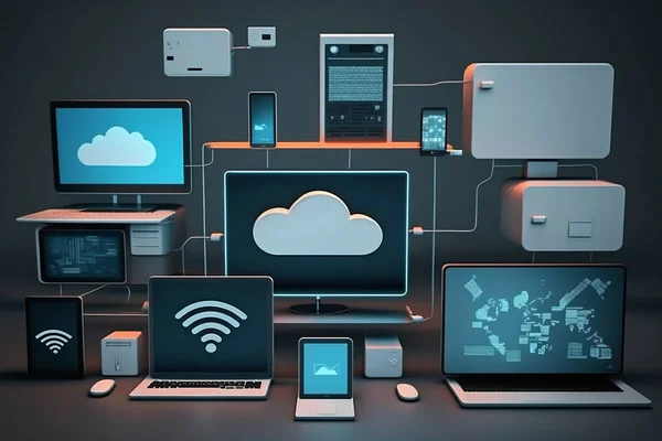 Devices connected to storage in the data center , tablet, phone home devices with an online . Cloud technology, computing. Generative AI