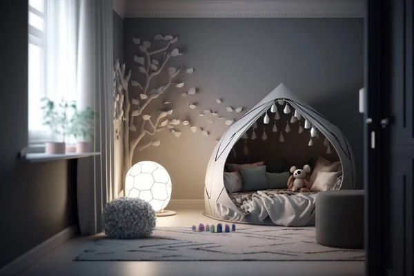 Cozy and modern beautiful room for little kids and teenagers living. Children's room, modern design, creative layout, toys and study attributes. Cribs, bright window. child, baby. Interior.