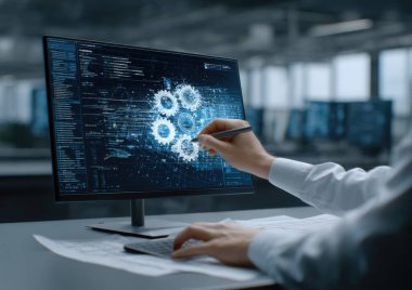 Bir kişi dijital bir arayüze bağlanır ve karmaşık vitesleri ve endüstriyel tasarım elementlerini gösterir.