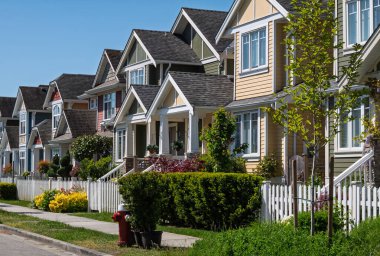 Vibrant houses with diverse colors are neatly arranged along a peaceful street. Lush green gardens and quiet surroundings create a charming neighborhood atmosphere.