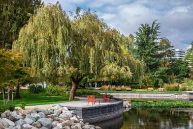 Visitors enjoy a peaceful afternoon at Minoru Park in Richmond, British Columbia, Canada. The area features beautiful trees, walkways, and a calm pond, perfect for relaxation and leisure.