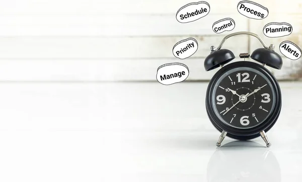 Time Management Business Strategy Concept Black Alarm Clock Text Graphics — Stock Photo, Image