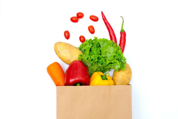 白色背景的纸袋中新鲜蔬菜 图库图片