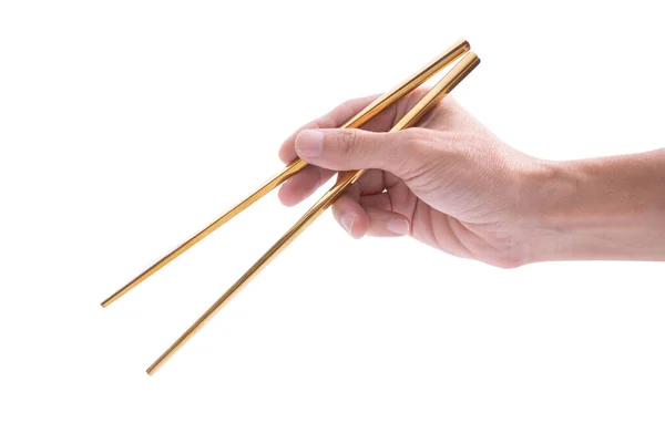 Gold Chopsticks Hand White Background — Stock Photo, Image