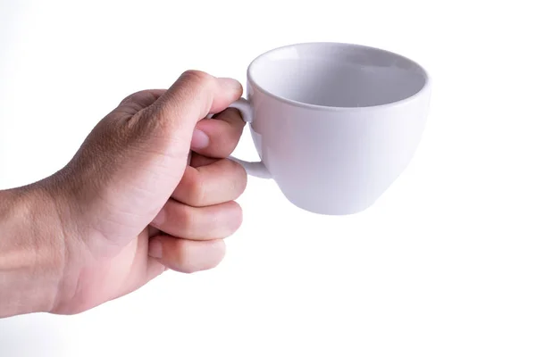 Weiße Keramik Kaffeebecher Auf Der Hand Hintergrund — Stockfoto