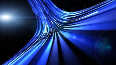 3D görüntüleme. Parlak mavi eğri çizgisi dijital teknolojiye doğru uçuyor. Ağ, büyük veri, veri merkezi, sunucu, internet satırları ile gelecekteki teknoloji soyut arkaplan