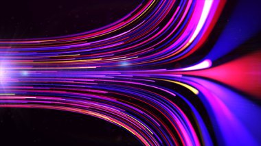 3D görüntüleme. Parlak renkli dijital teknolojiye doğru uçmanın animasyonu. Ağ, büyük veri, veri merkezi, sunucu, internet satırları ile gelecekteki teknoloji soyut arkaplan