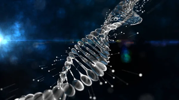 DNA Regeneration helix with depth of field. DNA molecule For visuals, biology, biotechnology, chemistry, science, medicine, cosmetics, motion background, medical dashboard. 3D Rendering.