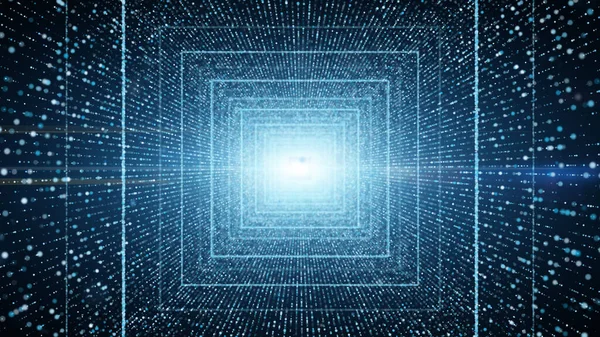 Infinite Light Blue Square Tunnel Glowing Dots Particle Cyber Technology — Stockfoto