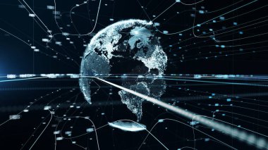 White Blue Earth Particle Data Network Digital Technology Concept. Futuristic Business Global Network Data Globe Map Cyberspace Background. 3D Rendering