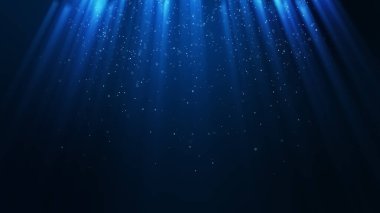 Dark light blue particle form abstract background with falling and flicker light beam ray particles. 3D Rendering