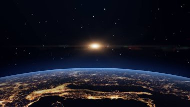 Sunrise, blue light, view from space on Planet Earth at night. World rotating in black Universe in stars. 3D Rendering, animation. Elements of this image furnished by NASA.