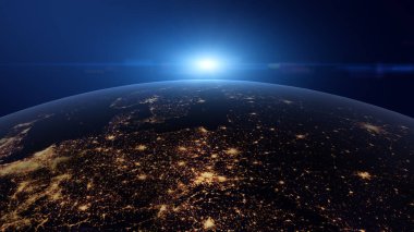 Sunrise, blue light, view from space on Planet Earth at night. World rotating in black Universe in stars. 3D Rendering, animation. Elements of this image furnished by NASA