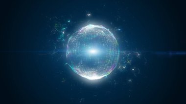 Abstract geometric background with moving lines, dots and triangles dancing. Sphere, globe and space of a plexus. 3D Rendering