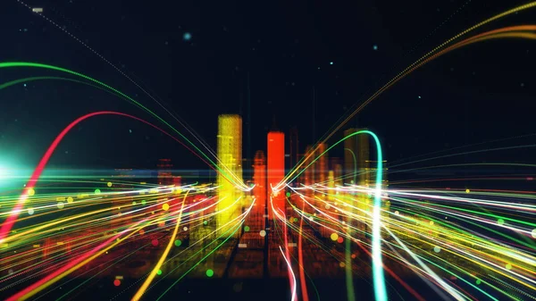 Colorful line particle City data digital futuristic network connection. 3D Rendering Technology concept