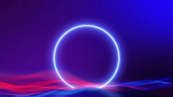 Sci Fi Modern Futuristic Circle Neon Circle Shaped  Blue Glow Light in red blue particle background.3D Renderin
