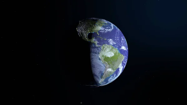 View from space on Planet Earth day and night. World rotating on its axis in black Universe in stars. 3D Rendering, animation. Elements of this image furnished by NASA