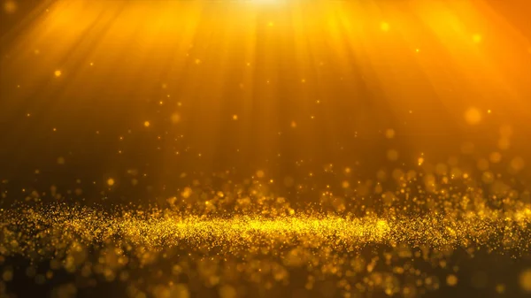 Glitter yellow gold particles stage and light shine abstract background. Flickering particles with bokeh effect.