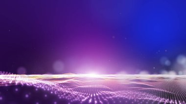 Futuristic 3D multi color digital landscape mountain terrain abstract technology background - moving dots and lines network connection structure in space background. 3D Rendering.